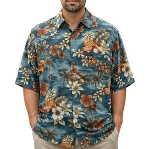 Vintage 80s Men's Medium Hawaiian Shirt Button Down Campia Rayon Pineapple